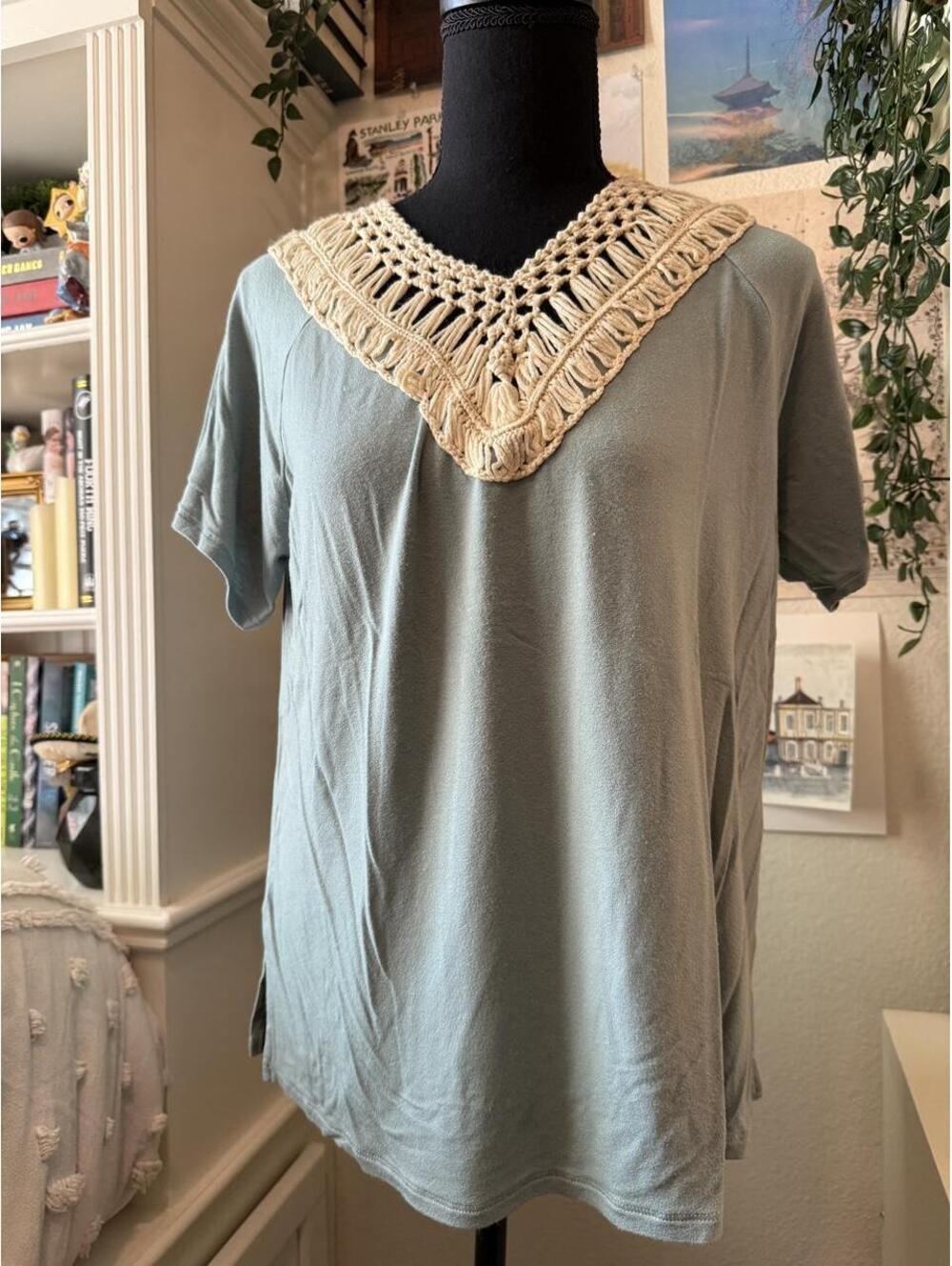 Grace & Lace Sage Green Crochet V Neck Short Sleeve Top